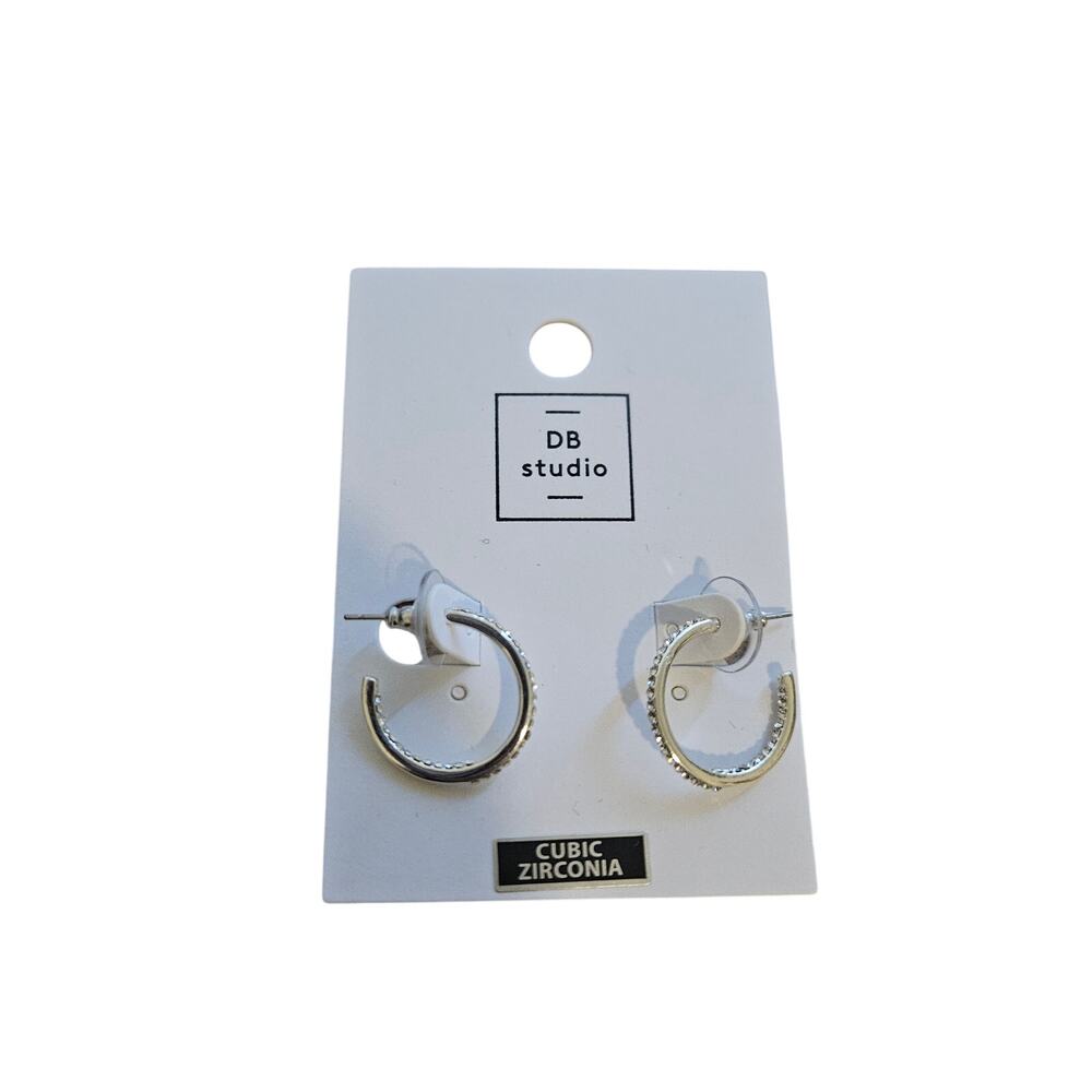 DB Studio Silver Tone Cubic Zirconia CZ Hoop Earrings NWT $16.95